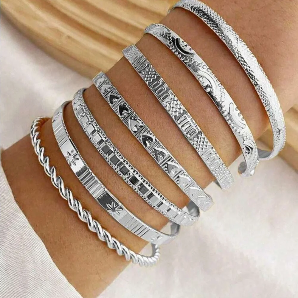 Silver Stacked Bracelet Set with Textured Designs